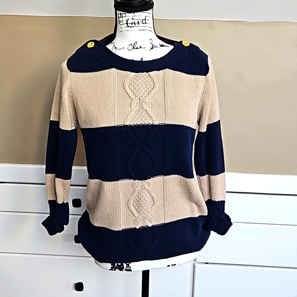 Questions by Say What, Sweater, blue & tan, gold buttons, 3/4 sleeve, large